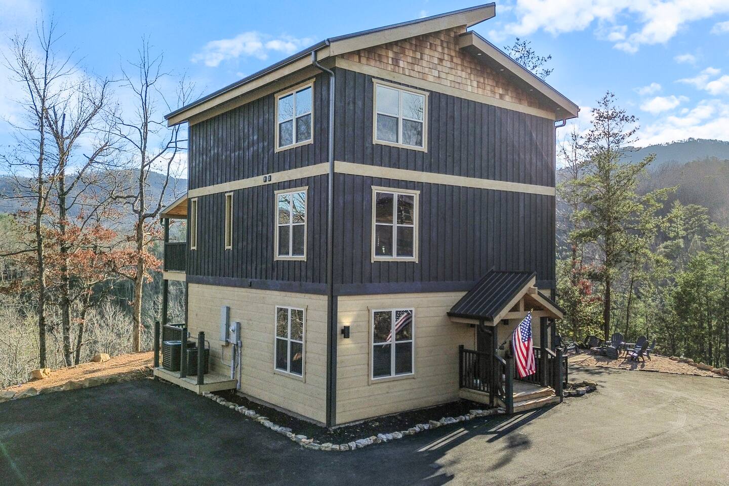 Sweet Escape cabin exterior with mountain backdrop