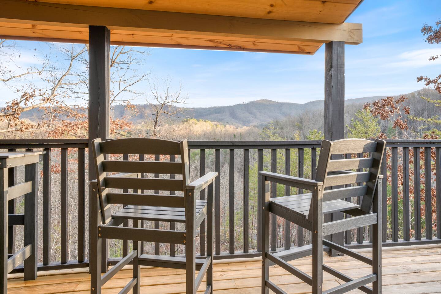 Covered deck chairs overlooking Smoky Mountain views